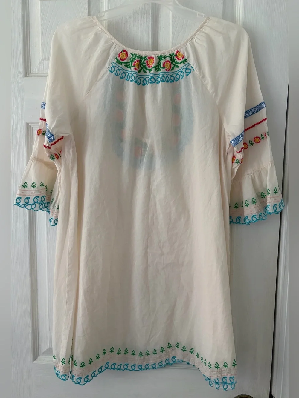 Anthropologie Cream Embroidered Boho Tunic with Blue, Green & Pink Accents
